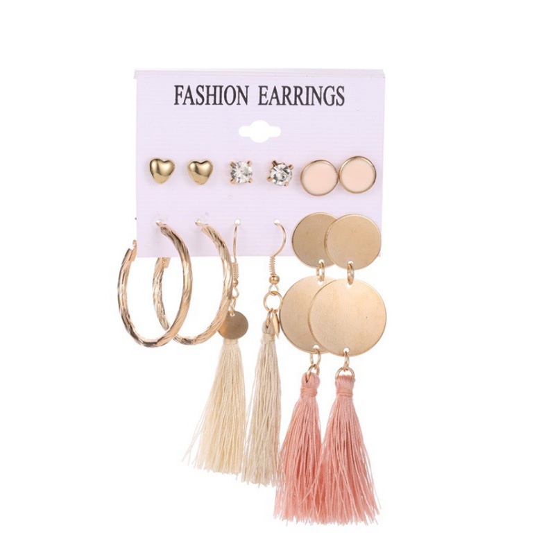 Anting 9-Piece Earrings Set Eropa Amerika Hias Mutiara Wanita Anting Variasi Opsional Kreatif Perancis Retro Emas Beberapa