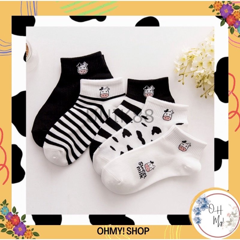 [UNIK88] Kaos Kaki Hitam Gambar Sapi Kaos Kaki Korea Lucu Motif Cow Kaos Kaki Angkle Pendek