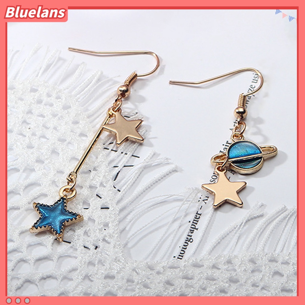 1 Pasang Anting Kait Gantung Asimetris Desain Kartun Bulan Bintang Planet Untuk Wanita