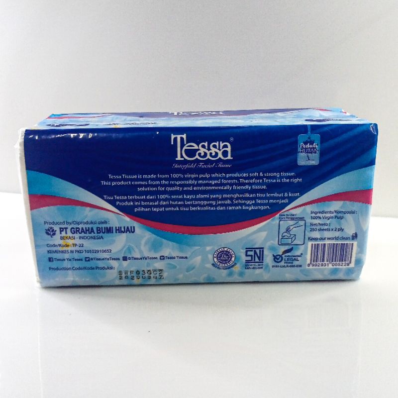 Tisu Wajah Tessa Isi 250Sheets 2ply Interfold Facial Tissue