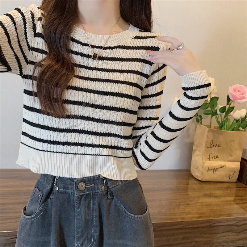 YIU YIU Rajut - Knitwear Stripe Top Korea Lengan Panjang Wanita