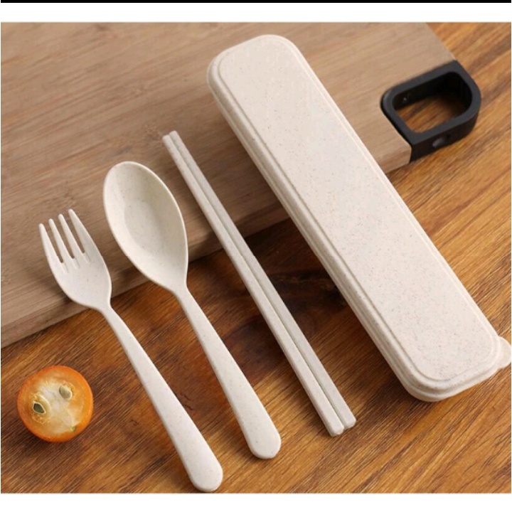 Set Sendok Garpu dan Sumpit Jerami BPA Free/ Bahan Jerami Gandum/ Alat Makan Portable Travelling/ 3in1 Kotak 3 Set Peralatan Makan/ Gandum Go Green/ Set Alat Makan Cutleries