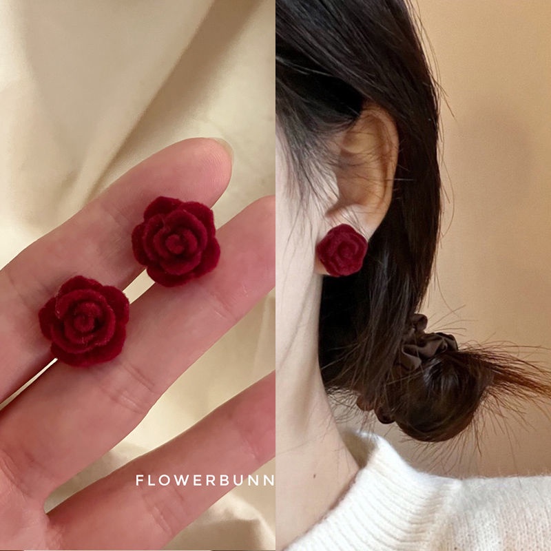 Anting Tusuk Gantung Wanita Desain Bunga Mawar Merah Wine Gaya Perancisretromusim Dingin