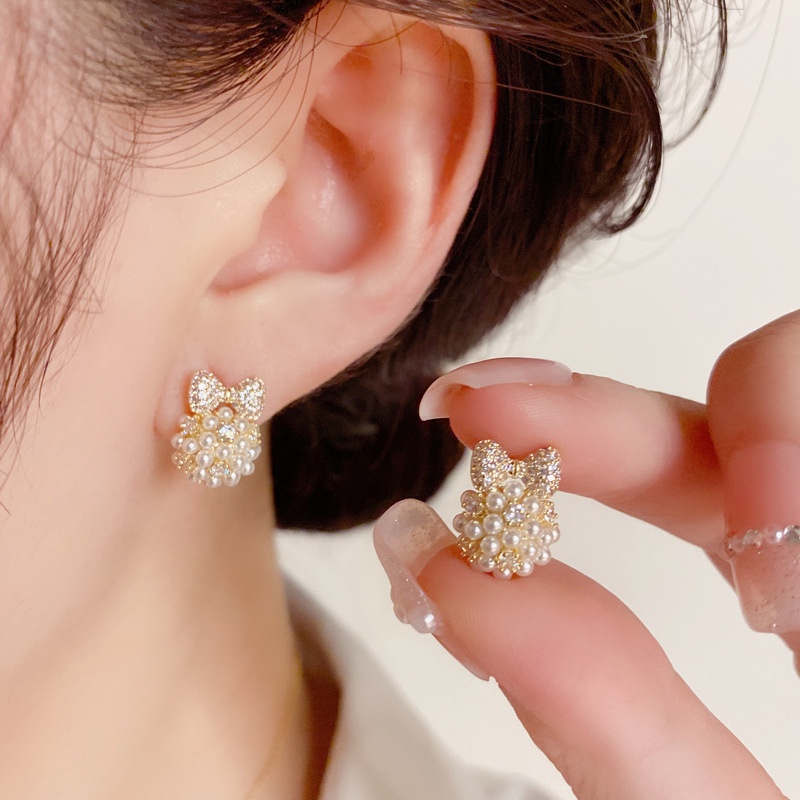 Anting Tusuk Silver Wanita Desain Pita Hias Zircon Mutiara Gaya Jepang Korea