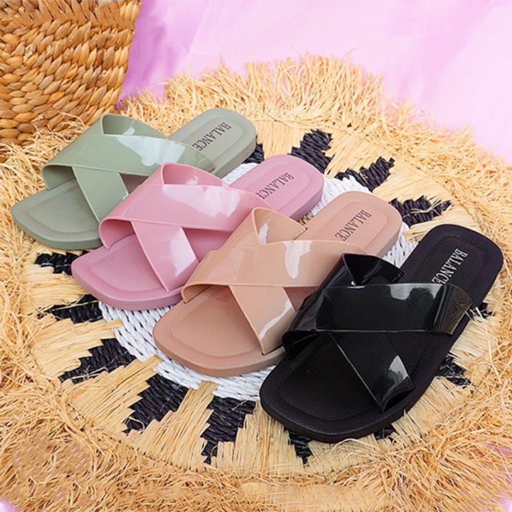 FY Sandal Slop Wanita Karet Sandal Jelly Lentur Elastis Motif Silang High Quality