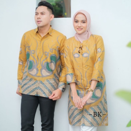 Baju Batik Couple Batik Wanita Sarimbit Batik Pasangan Katun Lengan Panjang Motif Seno Kuning Kanza