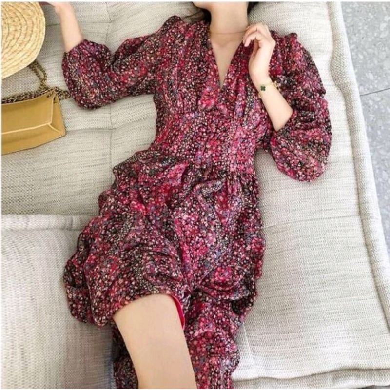 Midi babydoll ungu bunga kecil