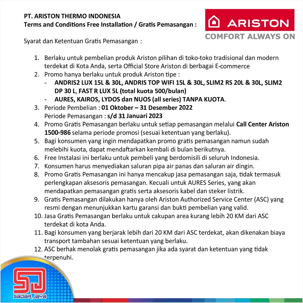 Ariston Fast R LUX 5 liter/menit Instan Gas Water Heater Instan Pemanas Air LPG