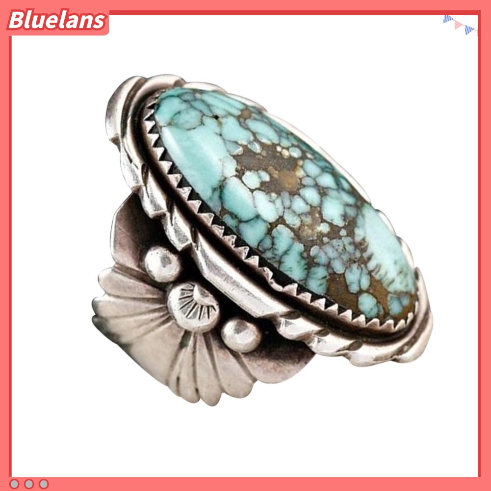 Cincin Antik Desain Ukir Aksen Turquoise Oval Untuk Pria Dan Wanita