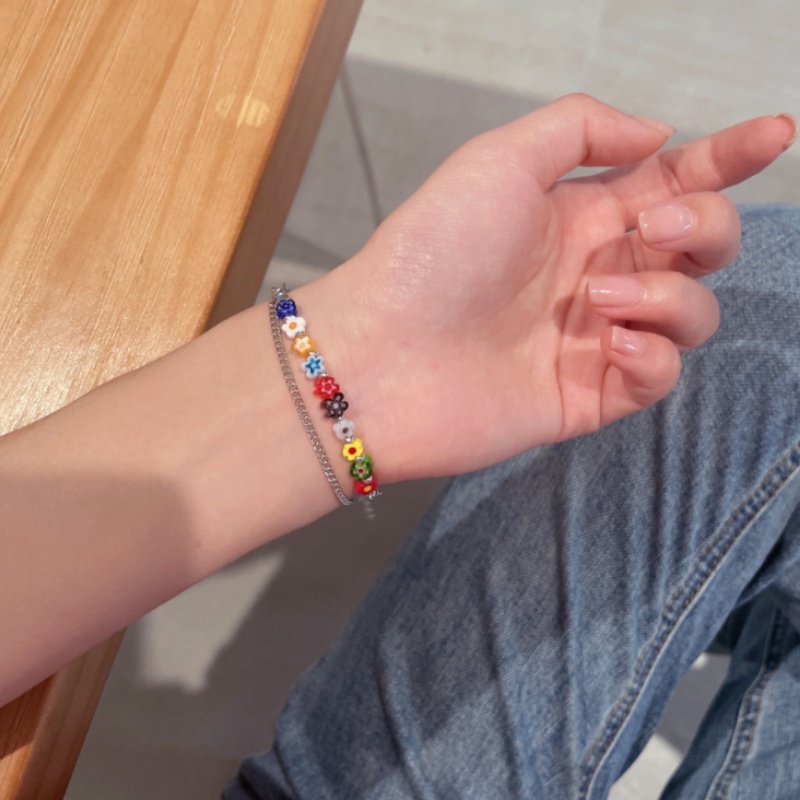 Roselife Gelang Tangan Rantai Silver Wanita Desain Bunga Resin Pelangi layer Ganda Gaya Korea