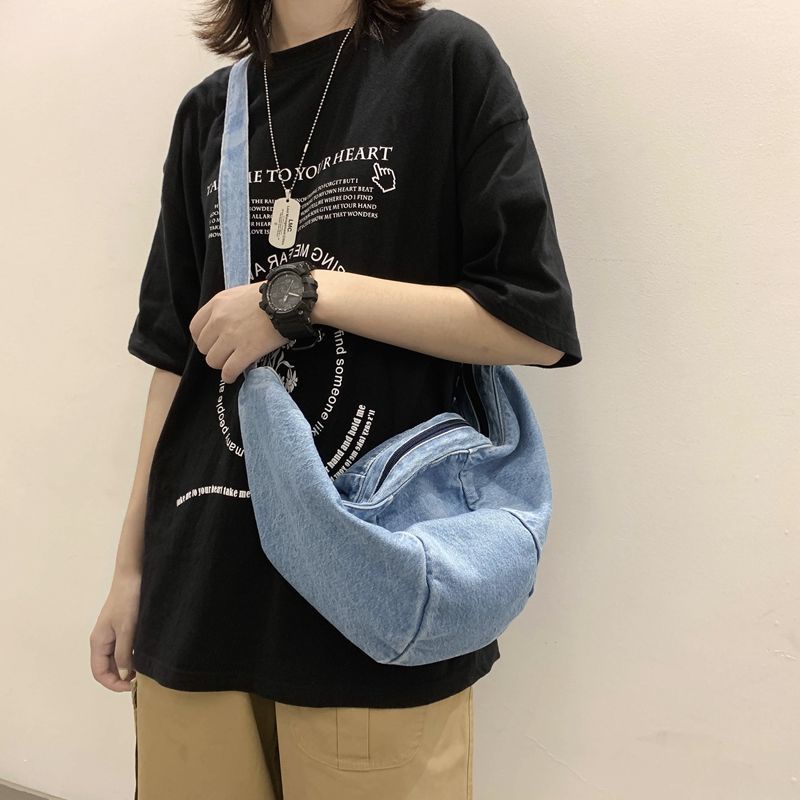 ✚✖✤Tas Kanvas Versi Korea dari Siswa Wanita Tas Bahu All-Match Jepang Denim Tas Dada Kecil Tas Bahu Tas Kain Tas Messenger