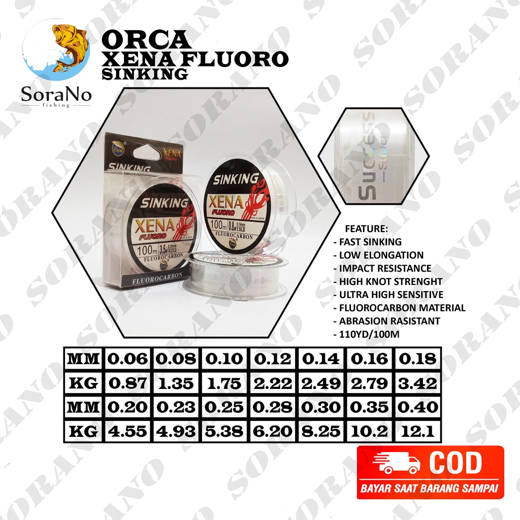 SENAR PANCING NILON ORCA SINKING XENA FLUORO 100M ALL SIZE  0,06 0,08 0,10  0,12  0,14  0,16  0,18  