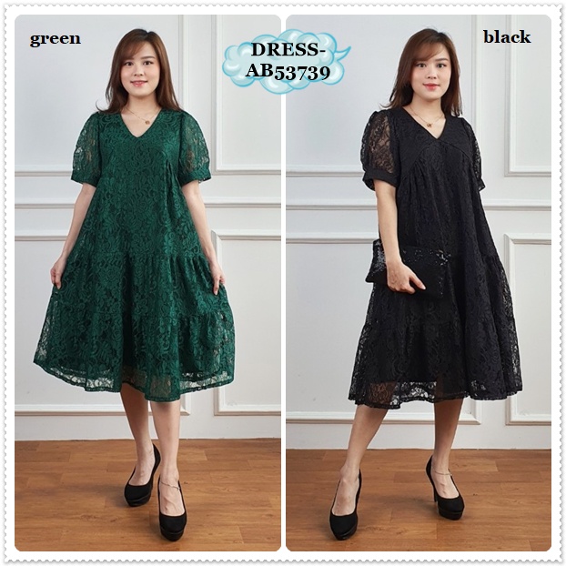 AB53739 Dress Midi Mini Brukat Brokat Pesta Natal Imlek Sincia CNY Wanita Korea Import Merah Hijau S