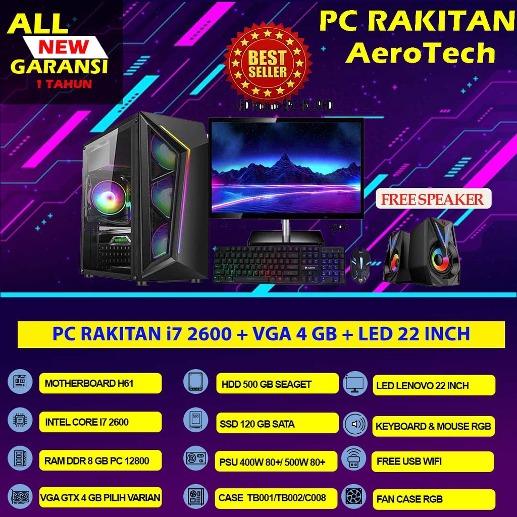 Bergaransi (GGP) PC Rakitan Intel Core i7 2600 untuk desain, Video editing dan Gaming Fullset