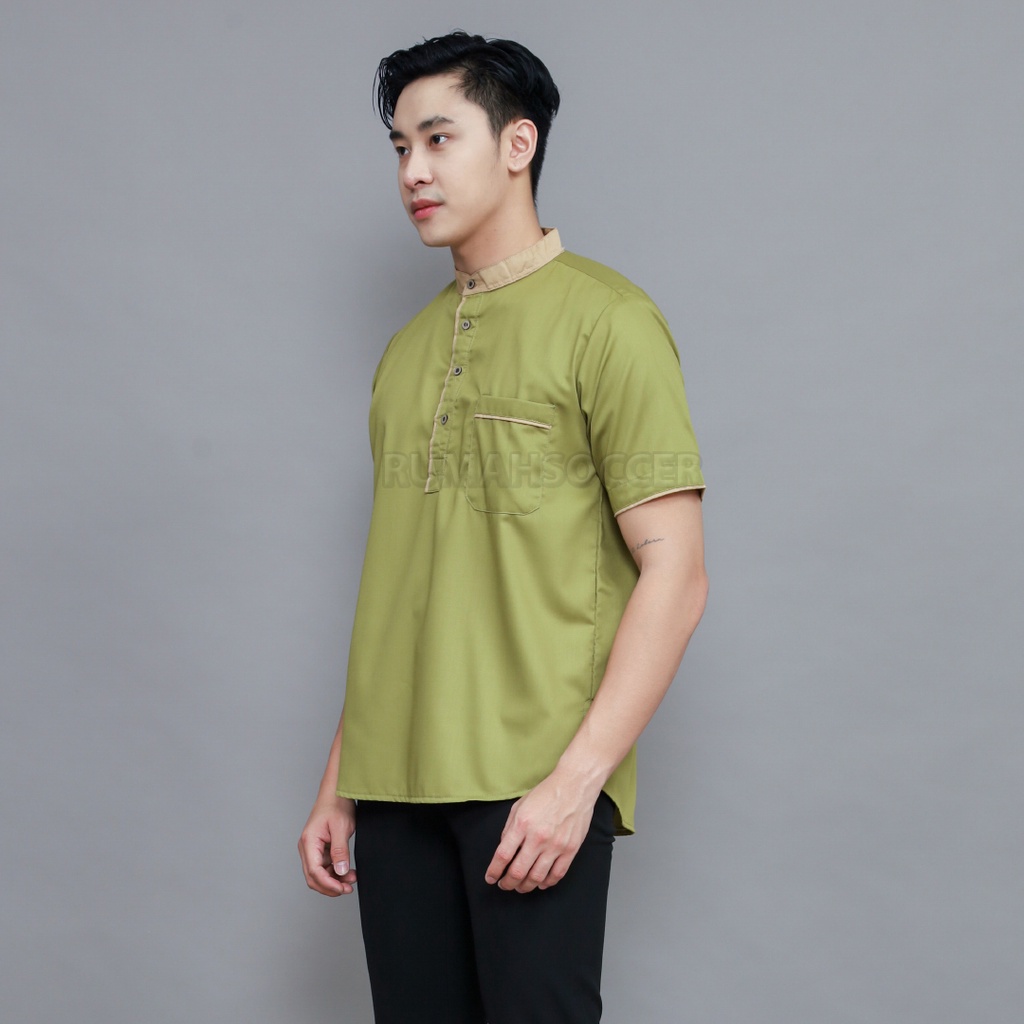 Baju Kemeja Koko Dewasa Lengan Pendek Polos AKHTAR Bahan Katun Adem Warna Olive Tersedia Ukuran S M L XL XXL