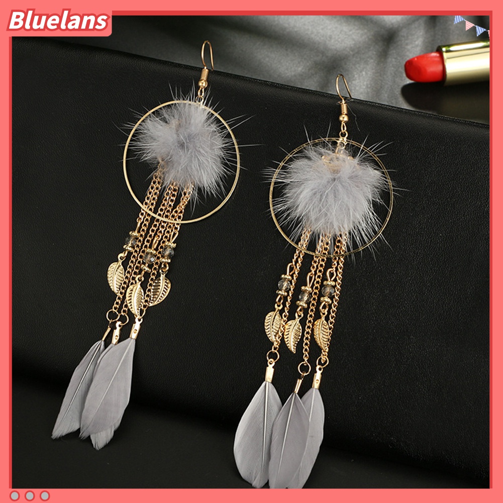 Anting Kait Gantung Panjang Desain Daun + Bulu Untuk Wanita