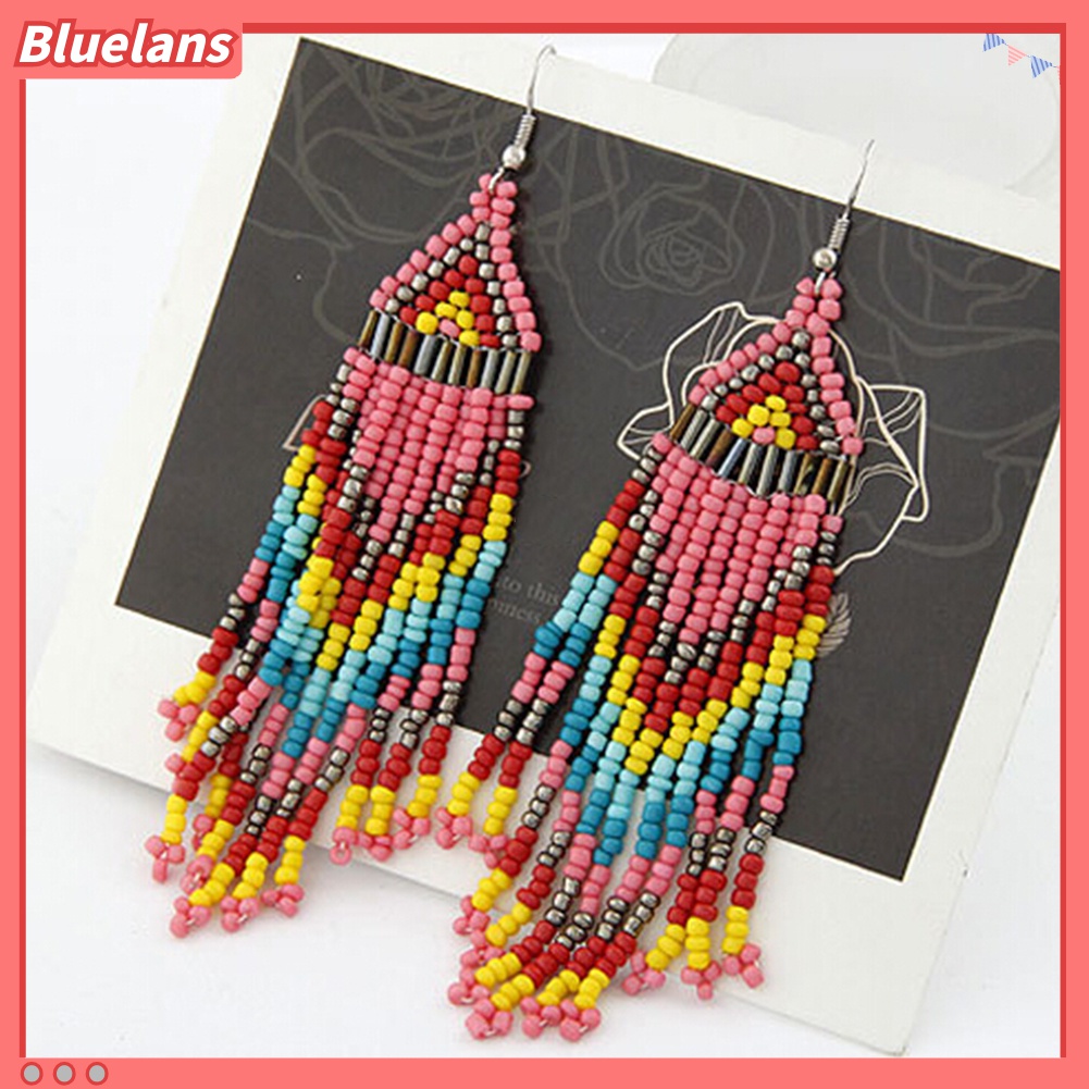 Anting Kait Gantung Panjang Manik-Manik Rumbai Gaya Bohemian Untuk Wanita