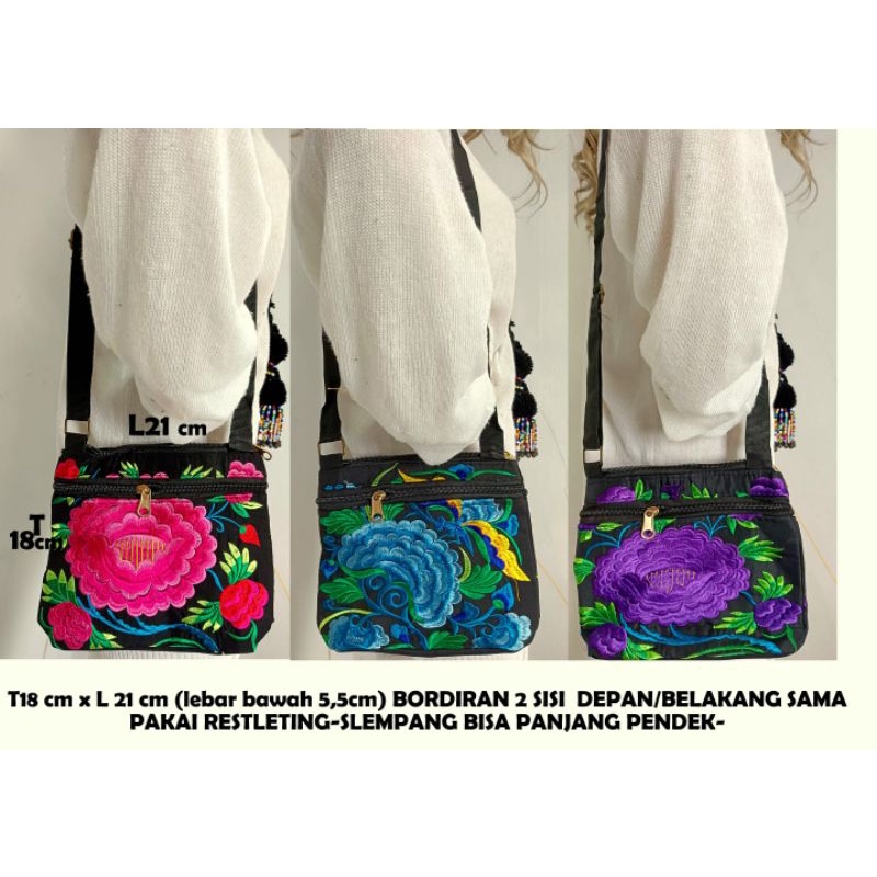 Tas selempang bordir bunga besar Thailand oleh-oleh souvenir import Bangkok