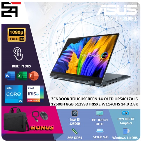 Asus Zenbook Touchscreen 2in1 14 OLED UP5401ZA i5 12500H 8GB 512GB SSD IRISXE W11+OHS 14 Inchi 2.8K NPAD