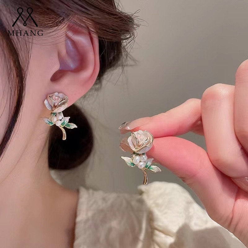 Mhang Anting Tusuk Silver S925 Bentuk Bunga Mawar Aksen Mutiara Untuk Perhiasan Wanita