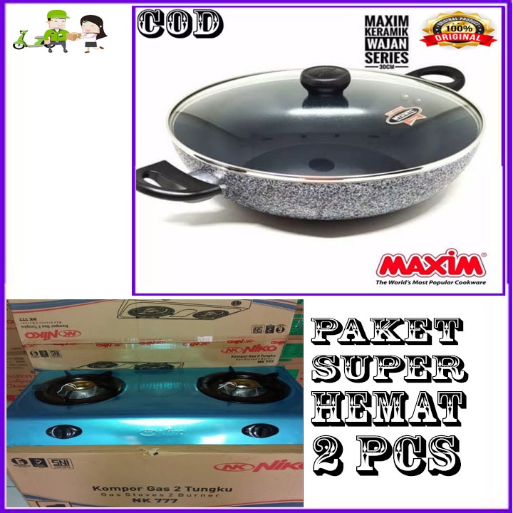 MAXIM CERAMIC WOK 30 CM TUTUP KACA ORI + KOMPOR NK 2 TUNGKU BERGARARANSI RESMI