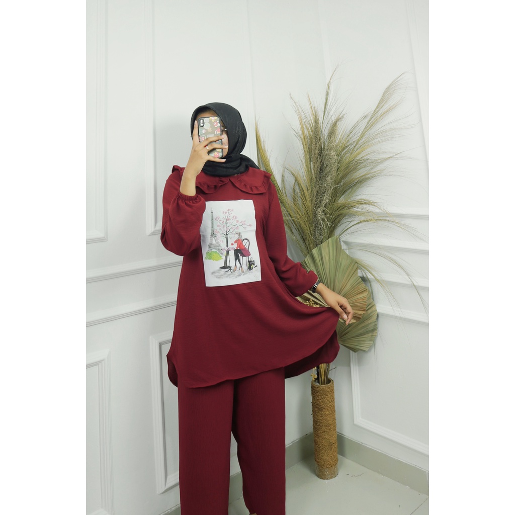 SAKURA SET BAHAN CRINKLE APLIKASI SABLON UKURAN M L XL XXL SETELAN TERBARU WANITA 2022 KEKINIAN ONE SET JUMBO WANITA KOREAN STYLE SET HITAM CELANA DAN ATASAN FASHION MUSLIM