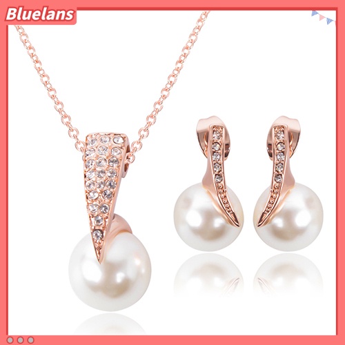 Bluelans Wedding Jewelry Set Bride Rose Gold Crystal Faux Pearl Pendant Necklace Earrings