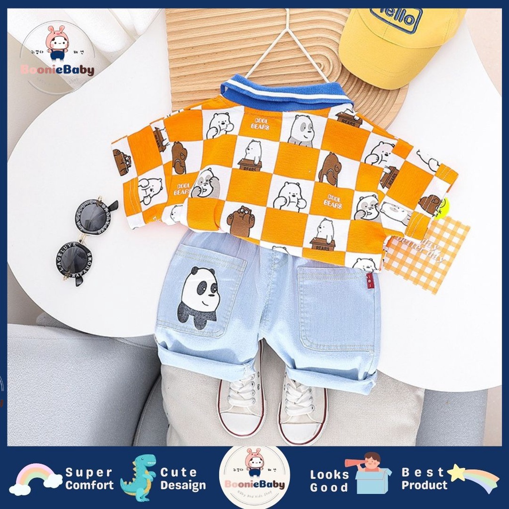 boonie [COD] setelan kaos krah polo kotak celana pendek denim bear anak laki laki usia 1 2 3 4 5 fashion import WEBEAR