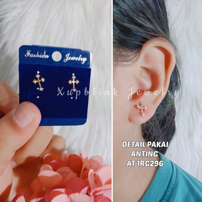 Anting Titanium Salib Permata Anti Karat Anting Klip Wanita