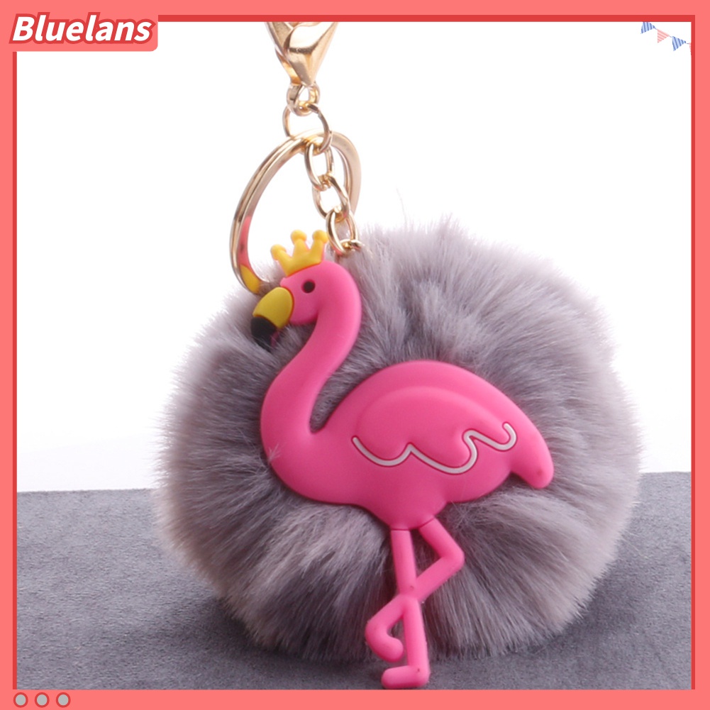 Gantungan Kunci Desain Flamingo Mahkota Pompom Fluffy Untuk Mobil / Tas