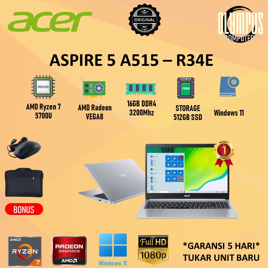 Laptop Acer Aspire 5 A515-45 Ryzen 7 5700 8GB 512SSD VEGA8 W11 15"FHD