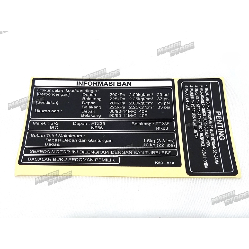 Label Sticker Stiker Informasi Ban Honda Vario OLD Bohlam 125 150 LED NEW
