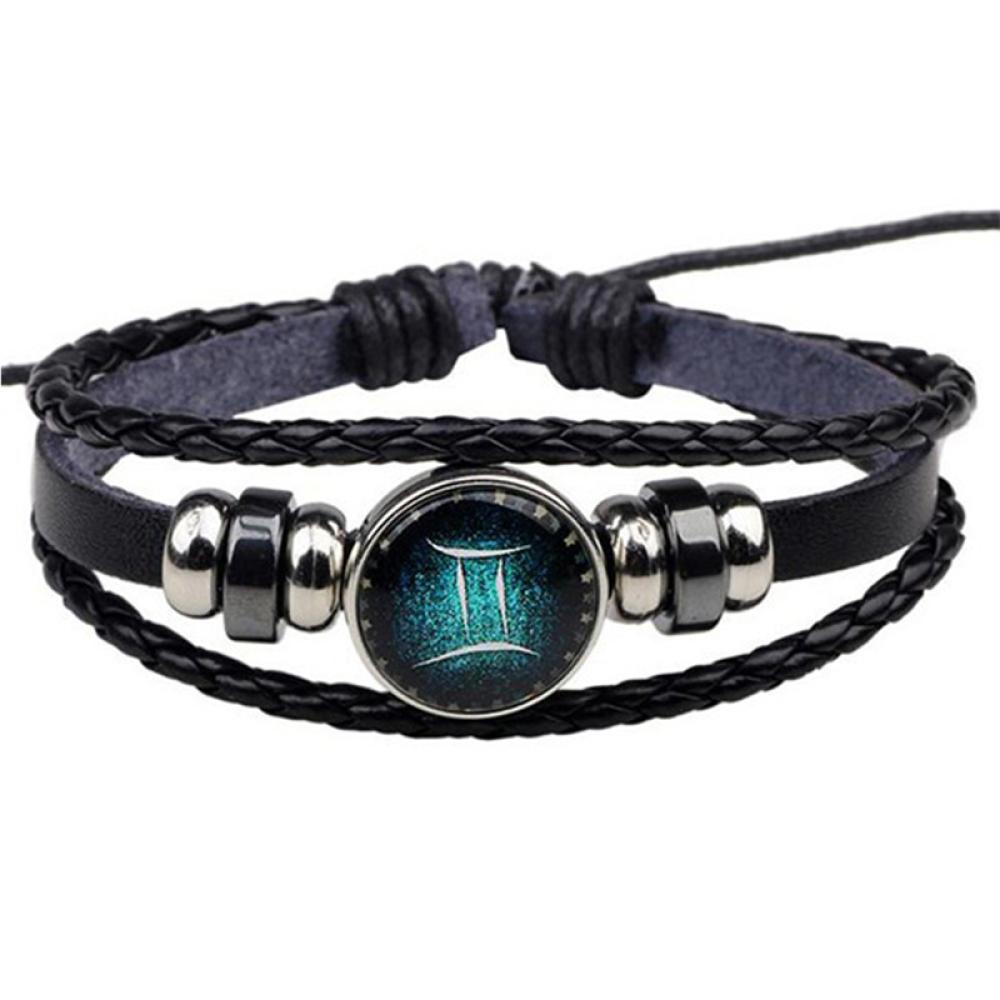Timekey Gelang Tali Kulit Kepang Multilayer Dengan Charm Bulat Motif Zodiak Untuk Priawanita W9Z1