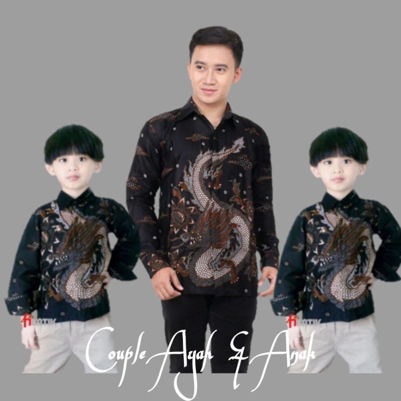 Couple Batik Ayah Dan Anak Laki-laki // Kemeja Batik Pria Dewasa Dan Anak Cowok Motif naga Warna Hitam Motif naga