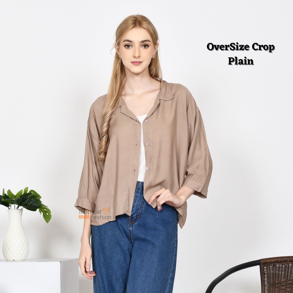 Kemeja Wanita OverSize Crop POLOS Garis Terbaru Kekinian l Cwek Style Korea