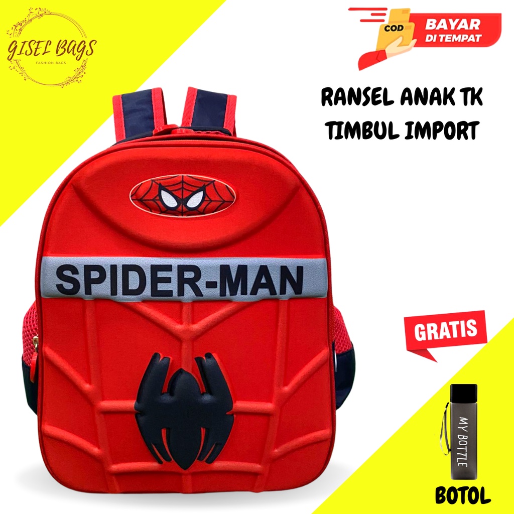 Tas ransel anak laki laki sekolah TK import gambar timbul logo karakter superhero waterproof