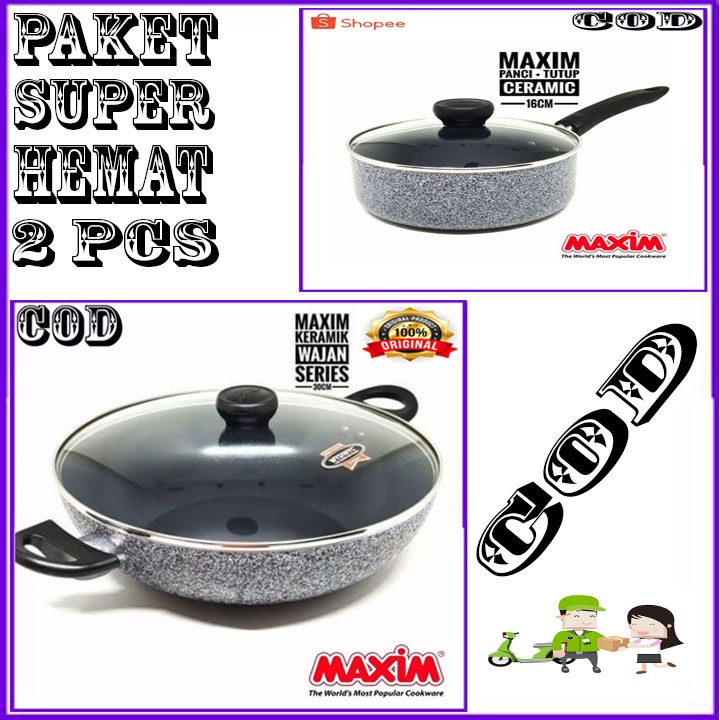 MAXIM CERAMIC WOK 30 CM +TUTUP KACA ORI + 18CM SAUCEPAN + TUTUP KACA ORI BERGARANSI RESMI
