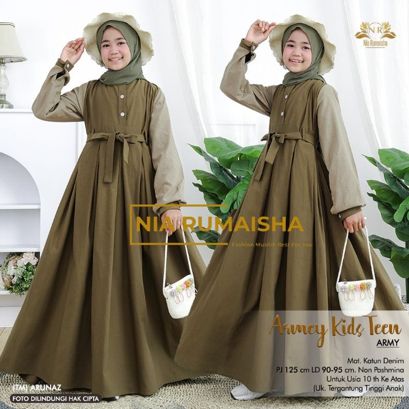 Armey Kids Teen Pakaian Anak Perempuan / Gamis Anak Tanggung Usia 10-15 Tahun / Baju Muslim Anak