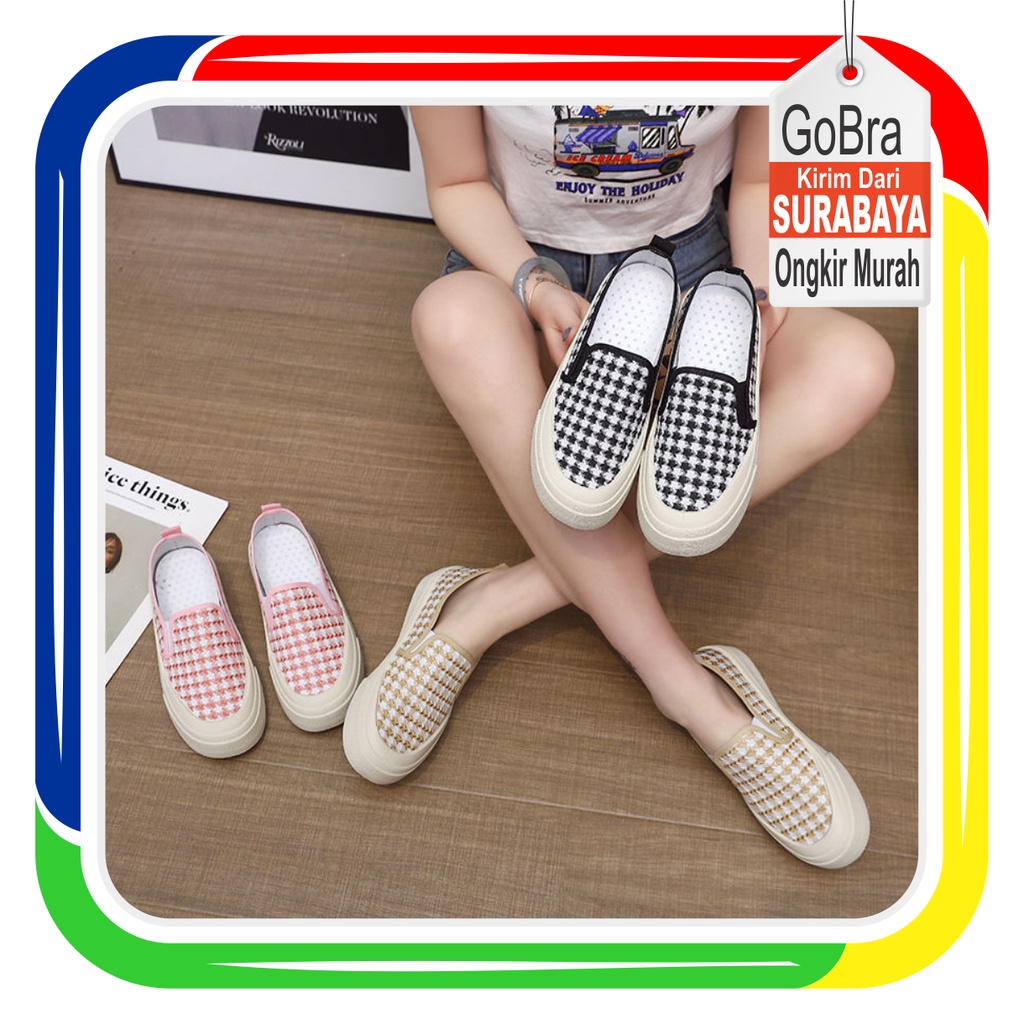 Gobra ♕ SEP017 (Tanpa Kotak) Sepatu Sneakers Wanita Motif Kotak Kotak Warna Cute Sporty Model Korea Fashion Casual Sport Olahraga Import