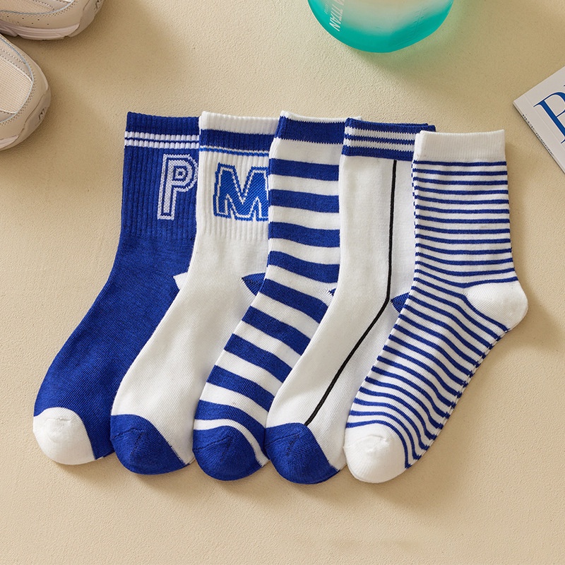 OVERFLOWS.ID Kaos Kaki Wanita Motif Kotak Biru Navy Women Sock Fashion Korea Import Murah