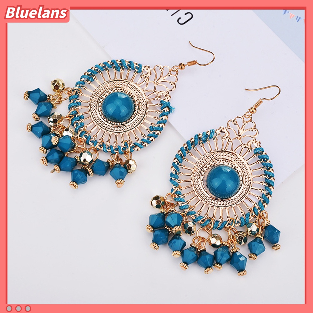 Bluelans Anting Kait Gantung Wanita Desain Rumbai Manik Bulat Gaya Bohemia Retro