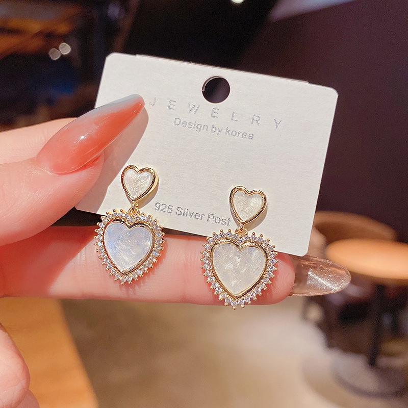 Anting Tusuk Sterling Silver 925 Desain Hati Hias Zircon + Mutiara Untuk Wanita