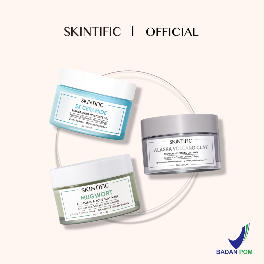 SKINTIFIC 3pcs Facial Care set Deep Pores Cleansing and Barrier Repair 5X Ceramide Moisturizer + Volcano Clay Mask + Mugwort Mask [BPOM]