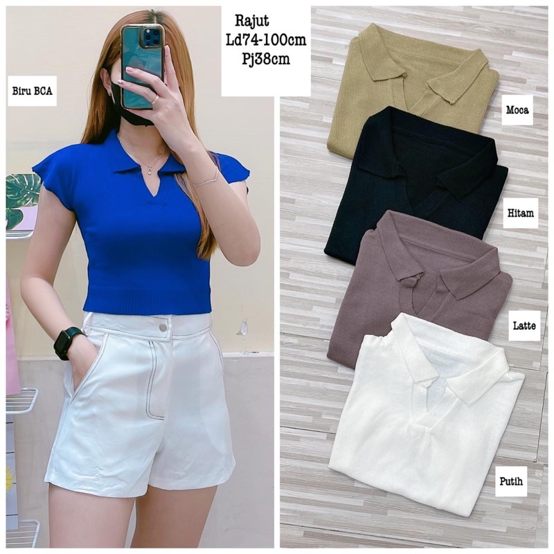 Atasan Wanita Crop Top Rajut Kaos Wanita Kerah Polo