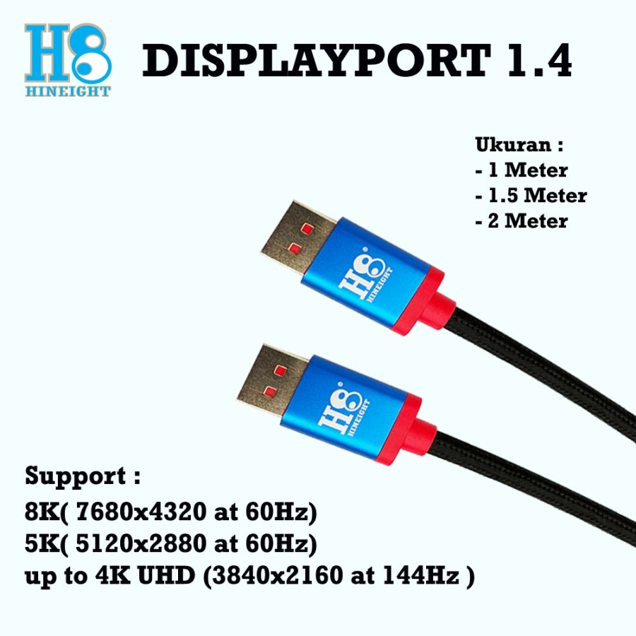 Kabel Displayort Versi 1.4 8Kx4K @ 60Hz 2 Meter Braided - H8-DP14VA2B