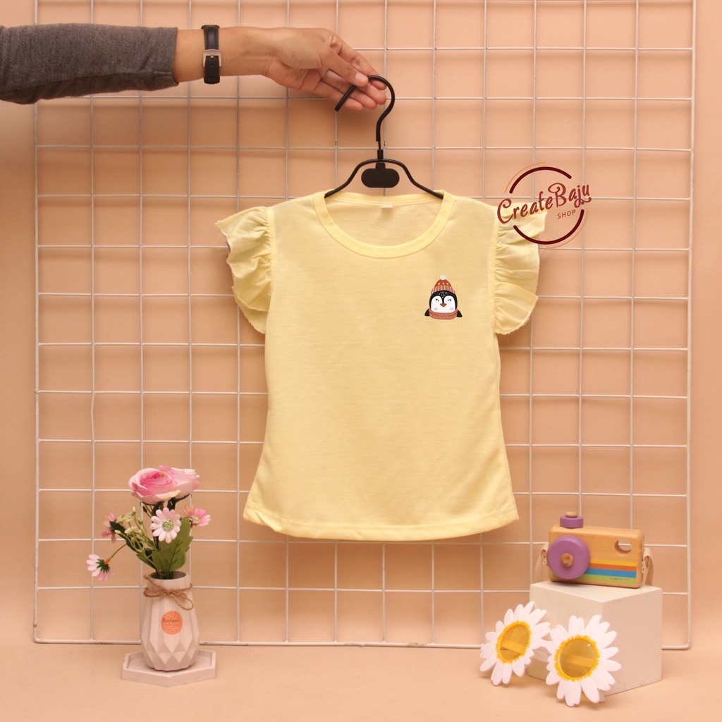 KAOS ANAK RUFFLE MOTIF PINGUIN PEREMPUAN BAJU ATASAN ANAK CEWEK MOTIF TRENDY