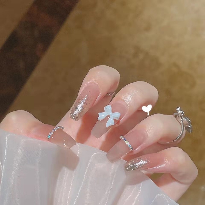 24 Pcs Kuku Palsu Panjang Desain Hati Mutiara Gradien Bahan Akrilik Gaya Perancis Untuk Nail Art