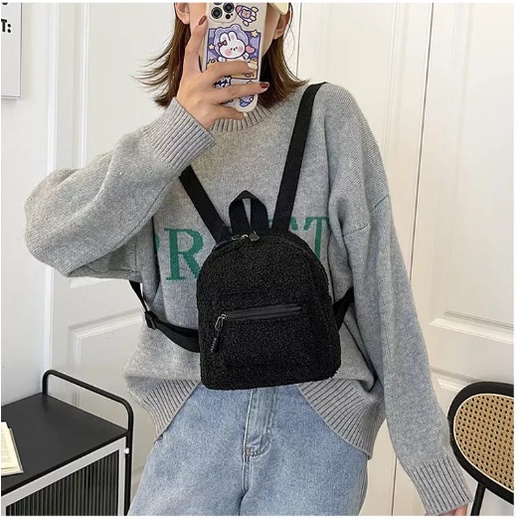 EMOEMO-Tas Ransel Mini Bulu Halus Wanita Remaja Tas Backpack Perempuan Anak Fashion Korea Trend
