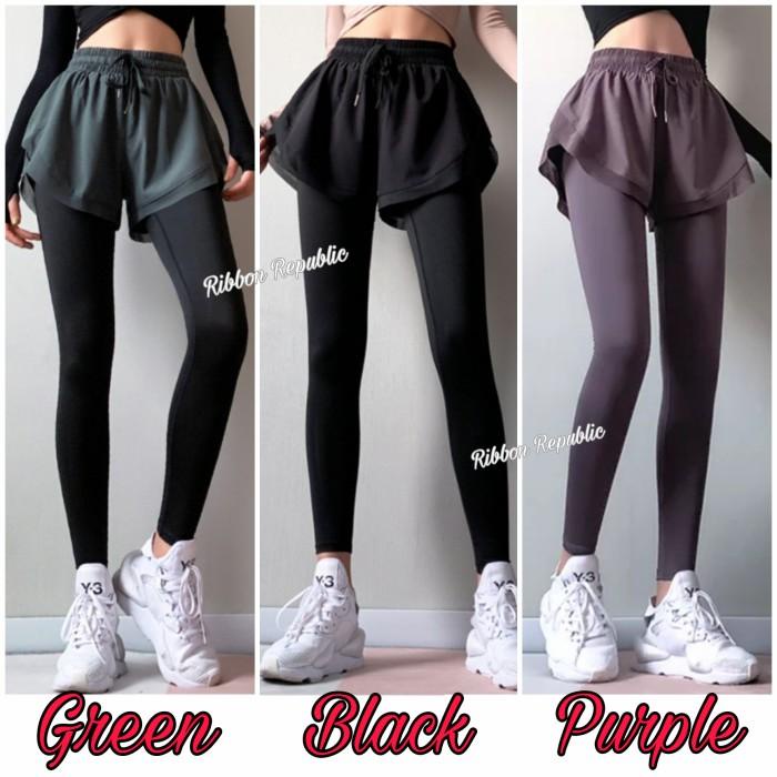 Legging Celana Sport Olahraga Wanita 2 In 1 Legging Panjang Mesh Shorts Woman