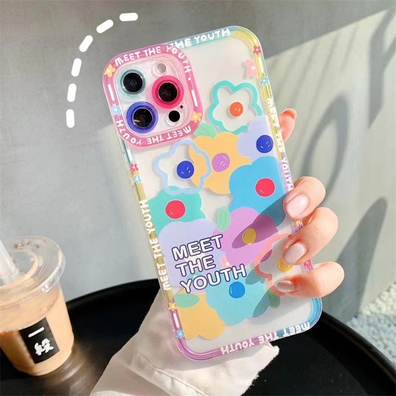 Casing for iPhone 14 13 12 11 Pro Max SE 2020 XR X XS Max iPhone 7 8 6 6s Plus 7P 8P SE 2020 Small fresh Flower Phone Case Transparent Soft Silicone Four Corners Anti-fall Protection Back Cover